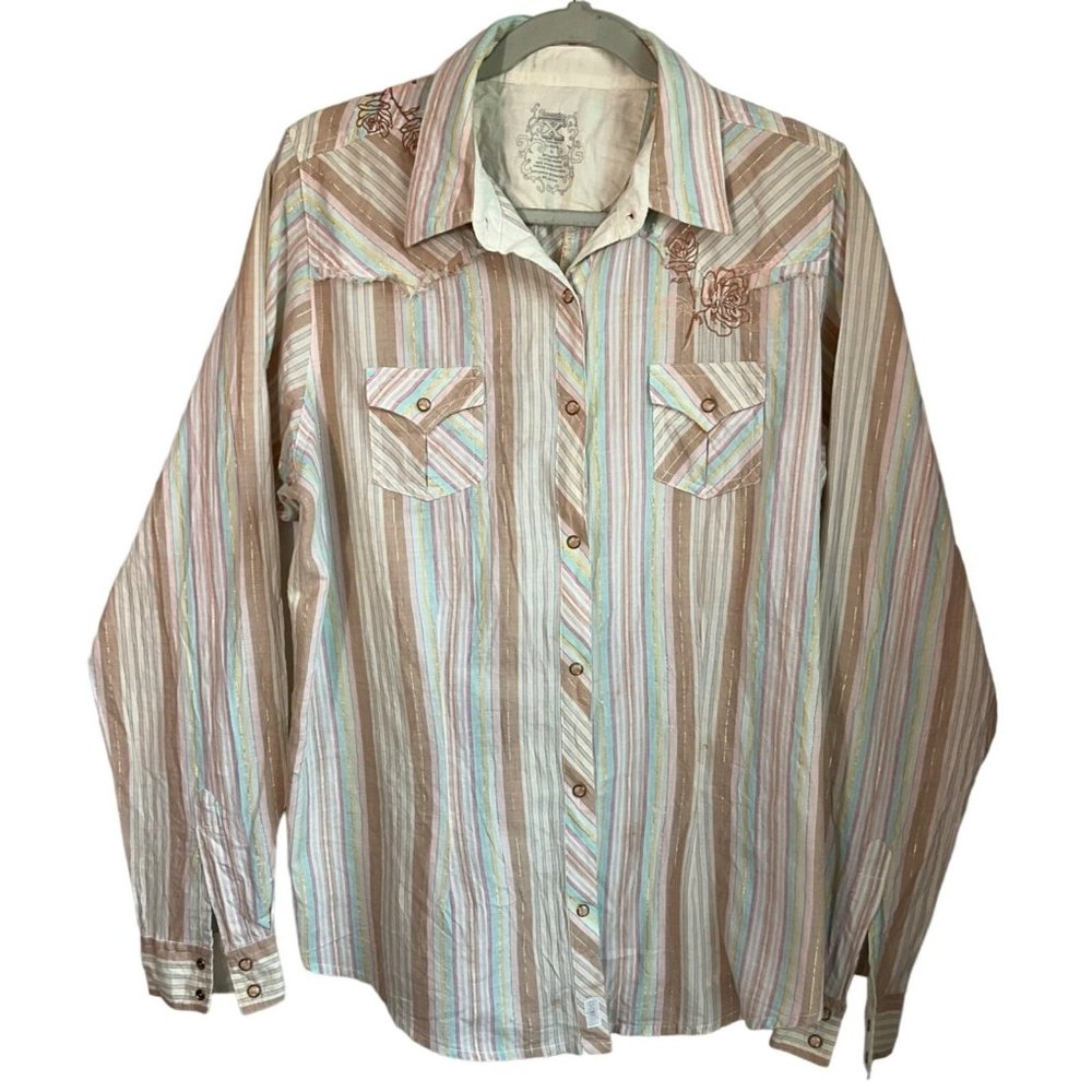 Twenty X Sz XL Pearl Snap Western Shirt Multicolor Pastel Striped Embroidered Me